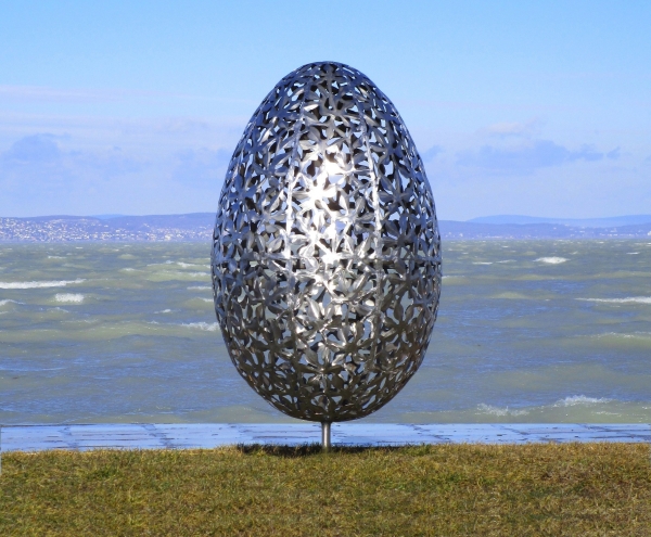 Silver egg garden sculpture